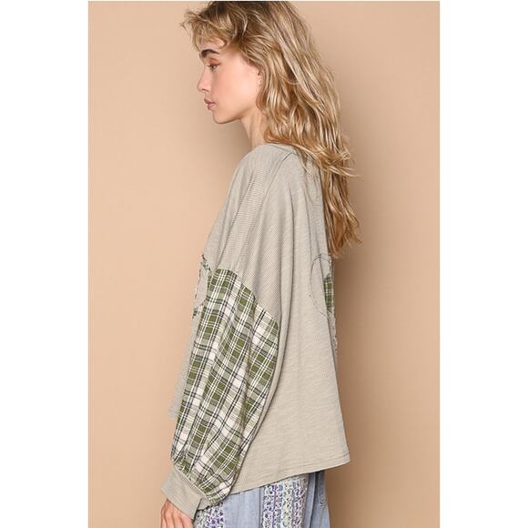 POL Dusky Sage Size Medium Round Neck Plaid Sleeve Floral Print Ribbed Top - Picture 3 of 5